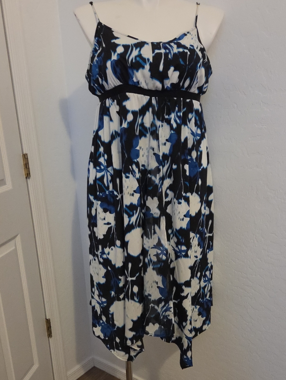 Blue and White Floral Midi Dress - Women's Spaghetti Strap